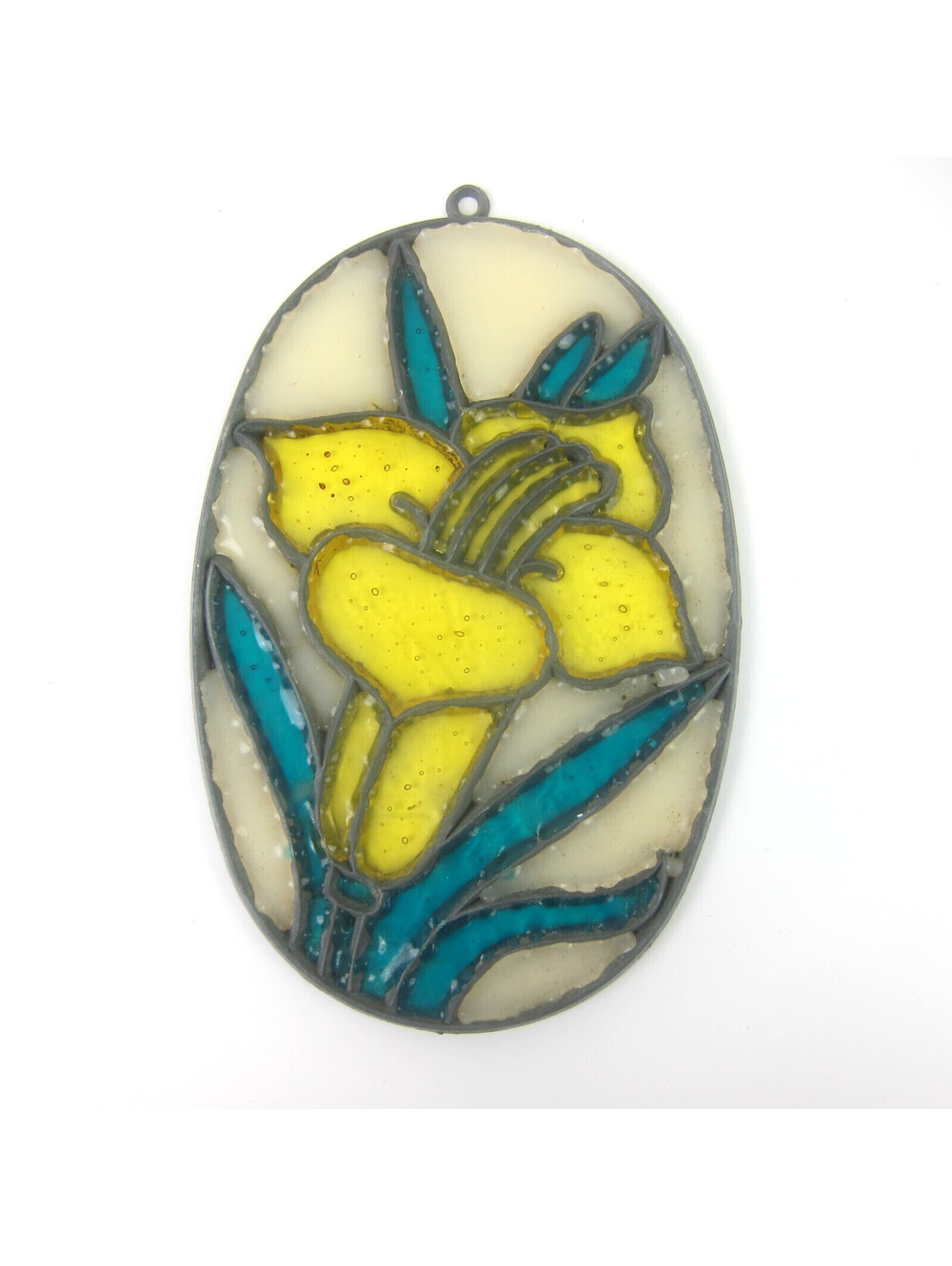 Vintage Suncatcher Daffodil Flower Yellow & Green 5" Stained Glass Style 1980s